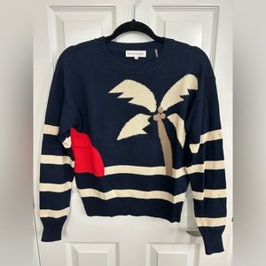 White + Warren Crewneck Cotton Sweater XS Navy Tropical Sunset Beach Palm Tree